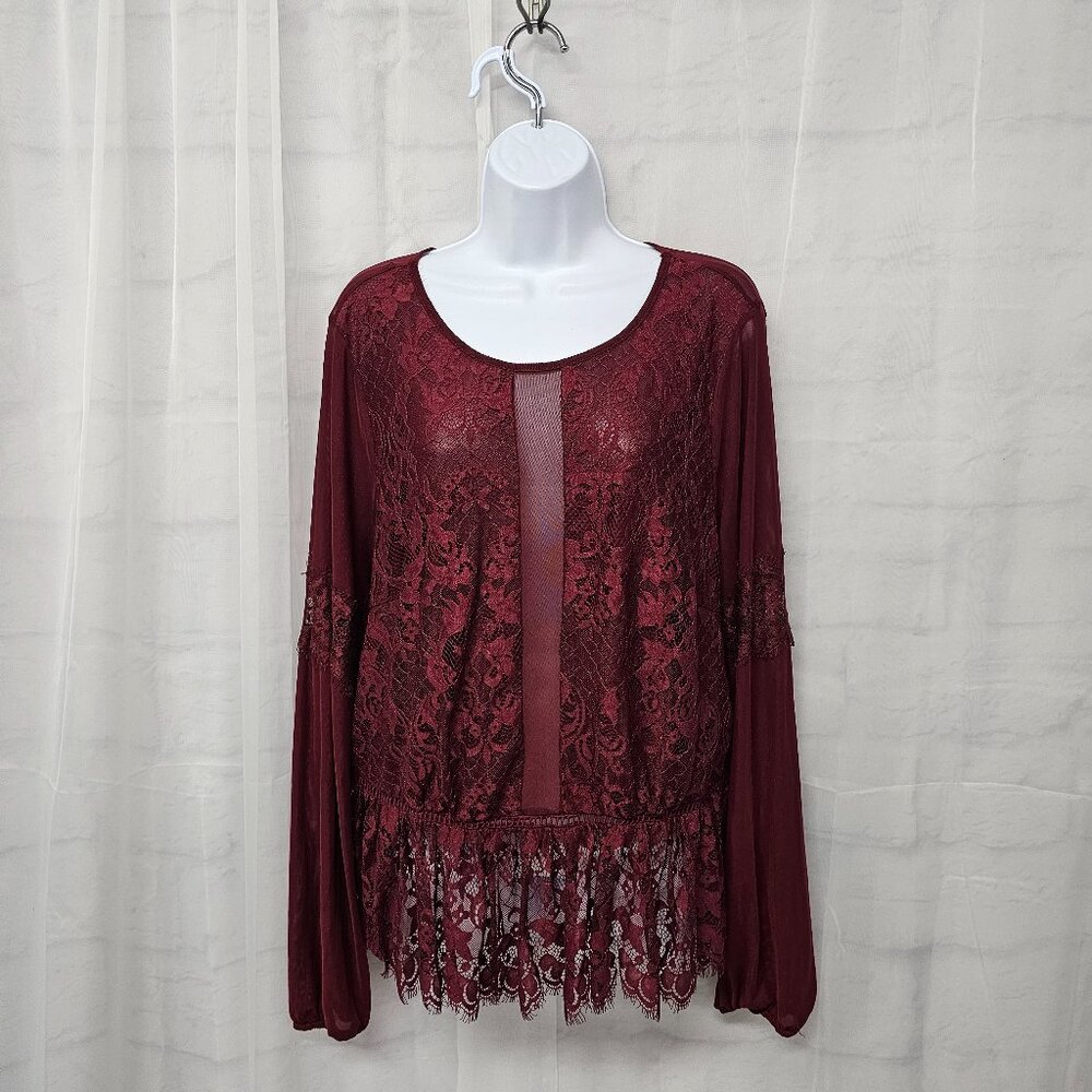 Burgundy Mesh Lace Blouse Sheer Goth Boho Whimsigoth Fairy Peplum 1X